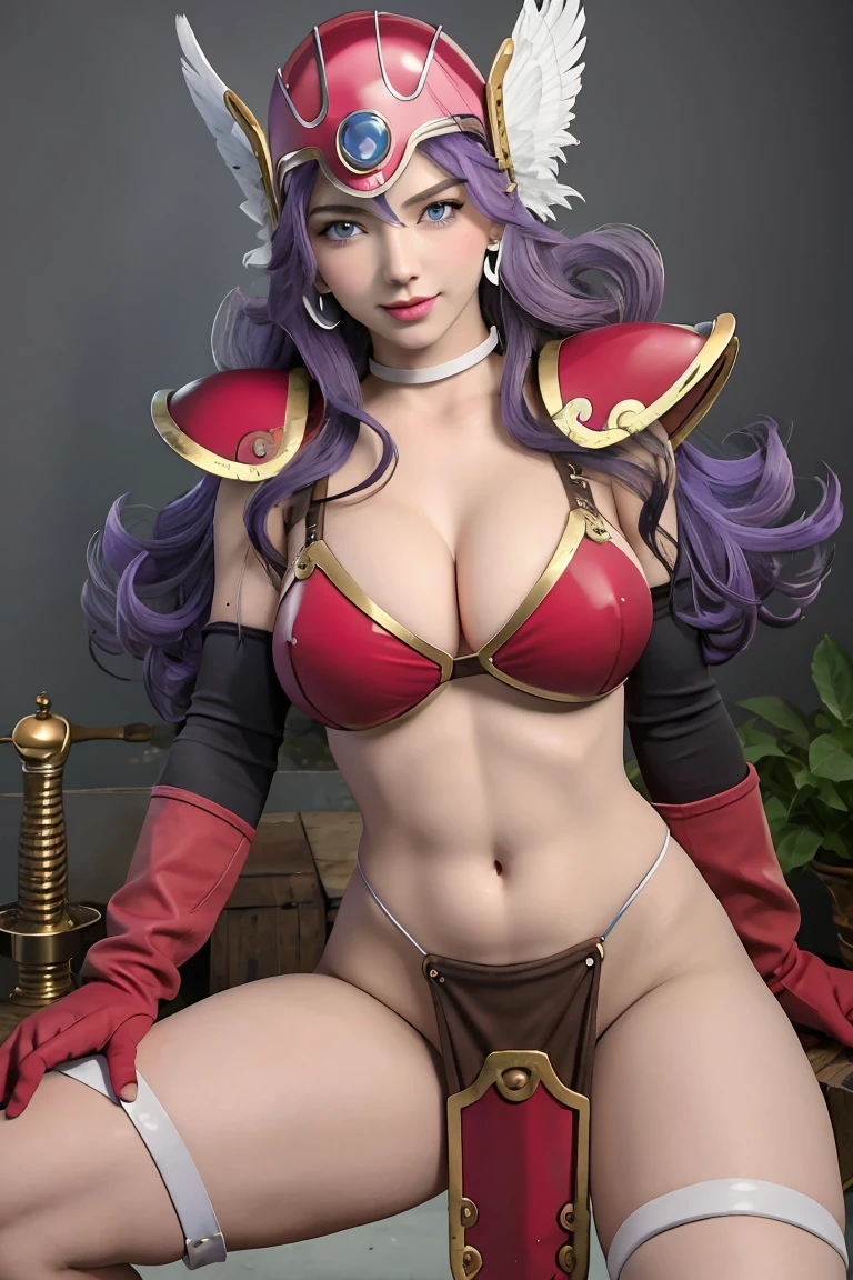 ((Masterpiece, best quality,edgQuality)), 
edgDQ, long hair, breasts, smile, blue eyes, large breasts, gloves, navel, cleavage, purple hair,  choker, elbow gloves, (sword:1.2), bikini armor, winged helmet, red armor , pubic hair,wearing edgDQ_armor
 