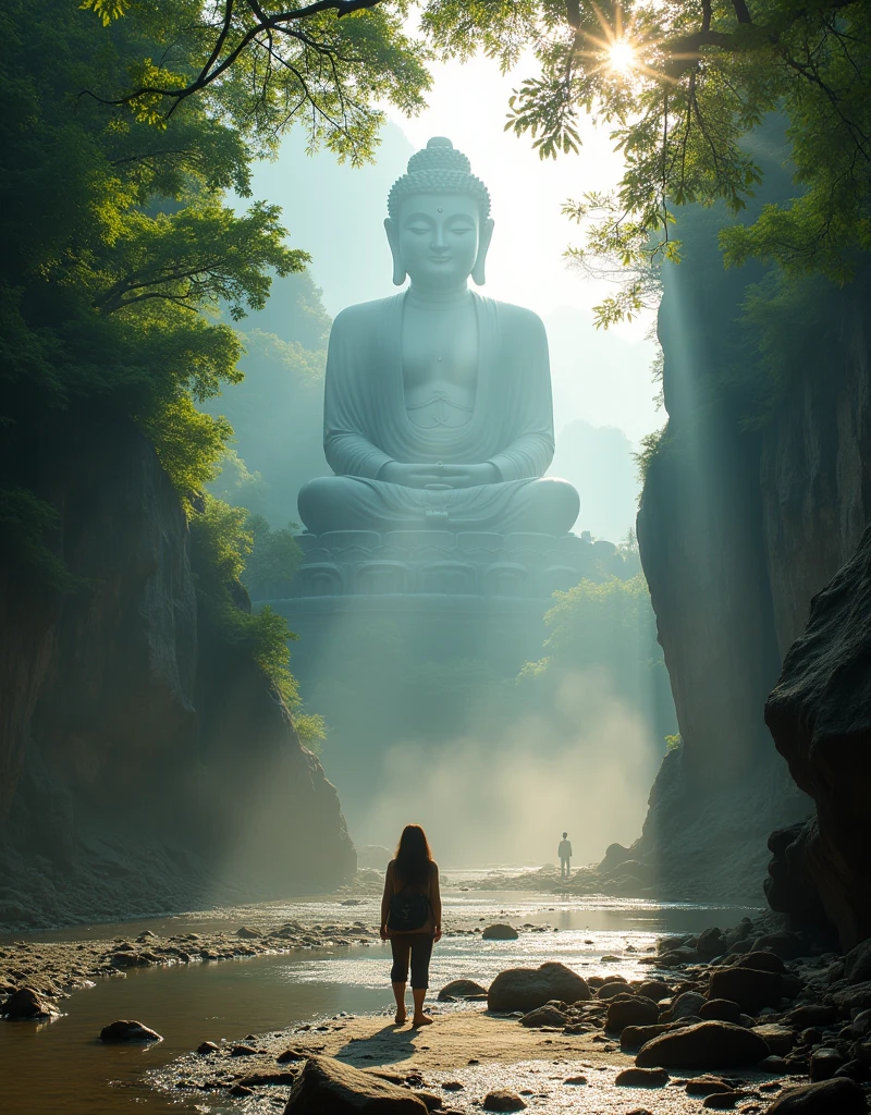 Design a scene of a person and the Leshan Giant Buddha Scenic Area. It can be of any style and artistic conception. There is some connection between people and the Buddha. It can also be close-up from any angle, but the perspective light and shadow are reasonable