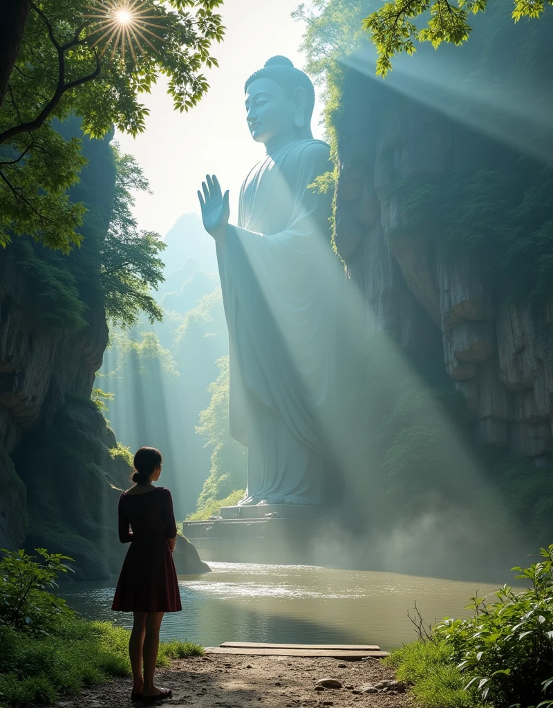 Design a scene of a person and the Leshan Giant Buddha Scenic Area. It can be of any style and artistic conception. There is some connection between people and the Buddha. It can also be close-up from any angle, but the perspective light and shadow are reasonable