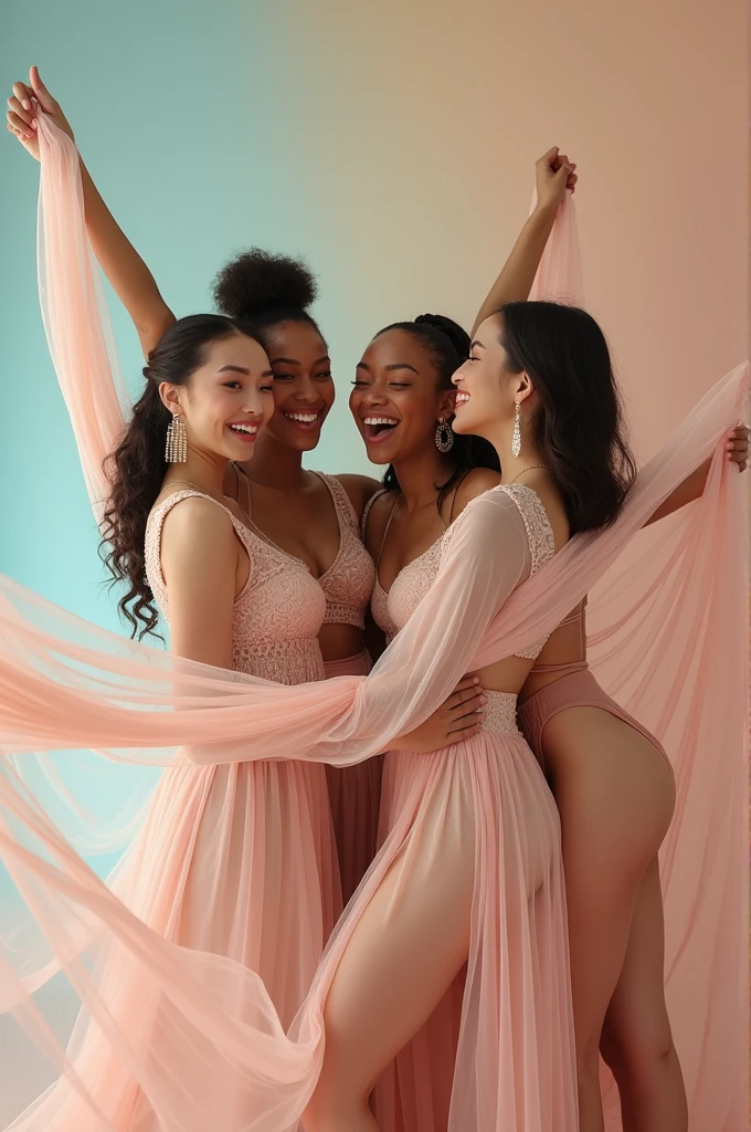 I'm taking photos for a new concept album. Create concept photos of girl groups posing with transparent, shiny silk fabrics