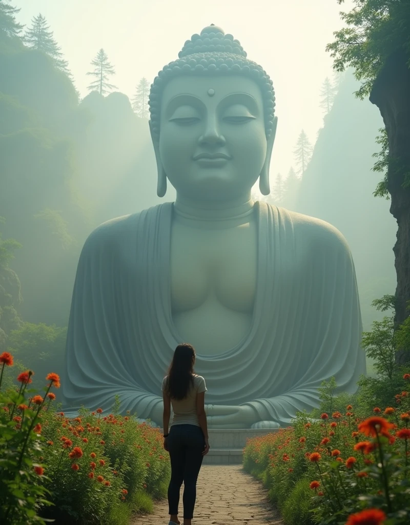 Design a scene of a person and the Leshan Giant Buddha Scenic Area. It can be of any style and artistic conception. There is some connection between people and the Buddha. It can also be close-up from any angle, but the perspective light and shadow are reasonable