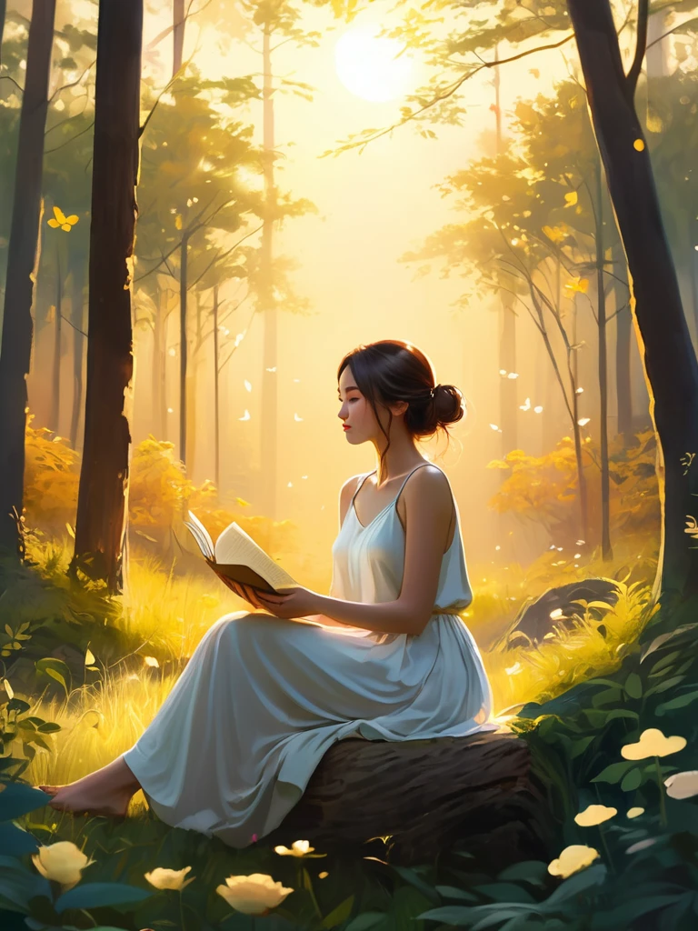 Create an image, captivates the young adult woman, the person sitting in the quiet forest clearing, surrounded by gentle things, The golden light of the sunset.