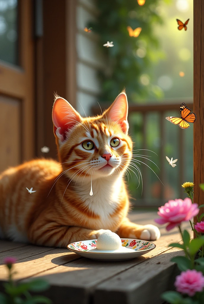 A ginger age cat with white and green spots on its whiskers, with white drops of ice cream hanging from them, sits on the porch of a rural house.,, A painted saucer stands on the floor in front of the cat., There is one melted ball of white ice cream in the saucer, The sun is shining outside, There are flowers growing near the porch, over which colorful butterflies and a dragonfly hover