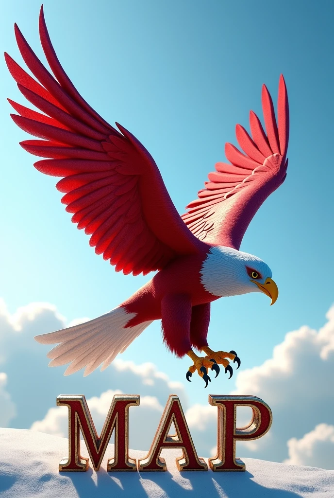 of an eagle colored like the Tunisian flag, He holds the name "MAP" at his feet in a clear and beautiful three-dimensional font, soaring high, high definition, intricate details, high quality images, real