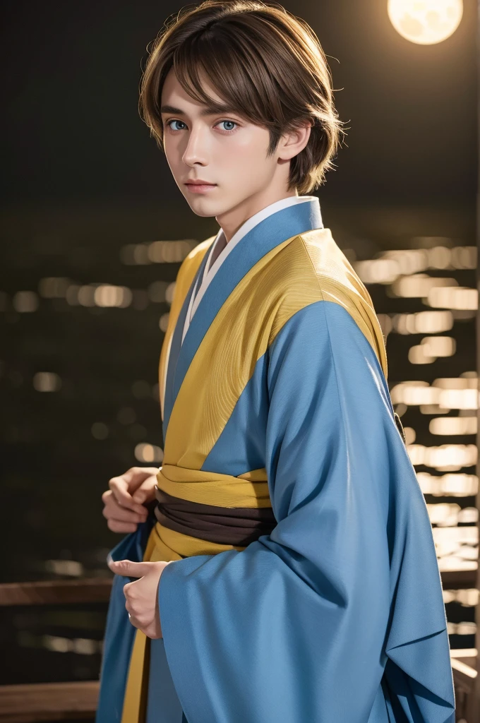 Brown Hair Beautiful Boy A pale yellow kimono Moonlit Night Azure Eyes