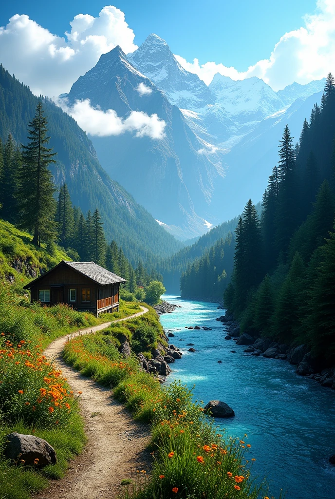"A breathtaking natural scene filled with thrilling beauty. In the backdrop, the towering peaks of the Himalayas stretch into a bright blue sky, where misty clouds gently drape over the mountain tops. Below, a serene river flows, its clear blue waters reflecting the deep green of the surrounding forest, adding a mystical charm. A narrow path winds through the dense forest, leading to a small wooden cottage at the edge. Scattered among the lush greenery, vibrant wildflowers bloom, bringing the environment to life. The golden sunlight enhances the natural beauty, making the entire scene glow. Every corner of the image speaks of nature's unparalleled aesthetic beauty, symbolizing a tranquil yet thrilling experience."
