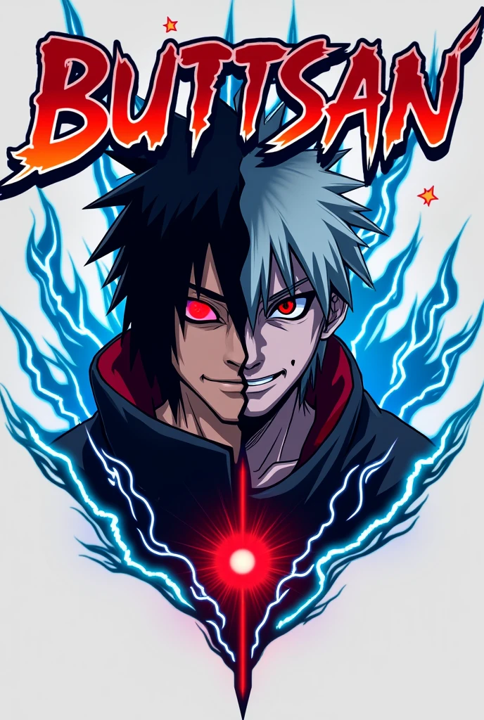 generate logo with itachi uchiha and gojo satoro lightning name BUTTSAN