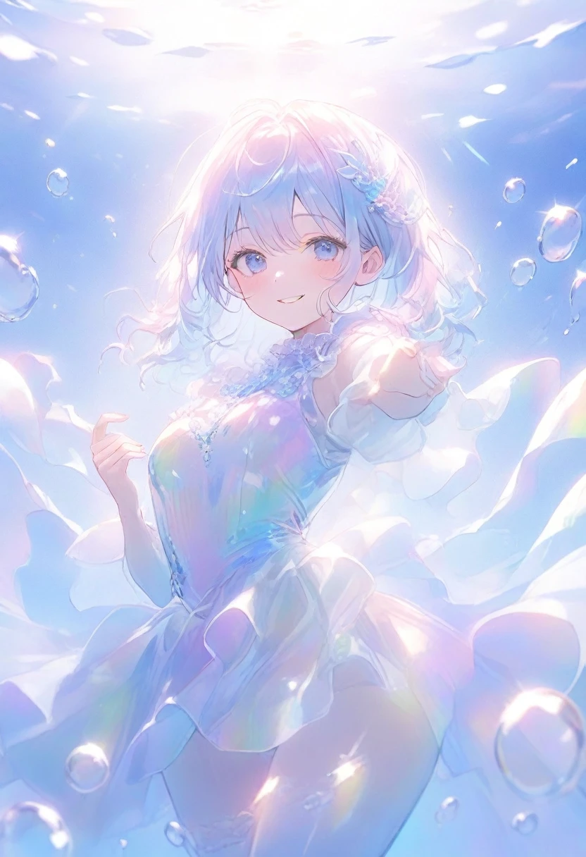 (Super detailed, 8K, best quality, ultra detailed, masterpiece), underwater, A lot of bubbles, Paleblue-blue gradient coloed water, nice, bright, Light shines through the water, Beautiful and mysterious teenage girl with a sweet smile, She is holding her thighs,  pointing right toe up, Lying and drifting of underwater, The girl is tall and medium bust,sparkling dark blue eyes, Her long rainbow-colored hime-cut hair is flowing, shiny glossy iridescent clothes, shiny reflective clothes, pastel, lens Flare, soft gradient　