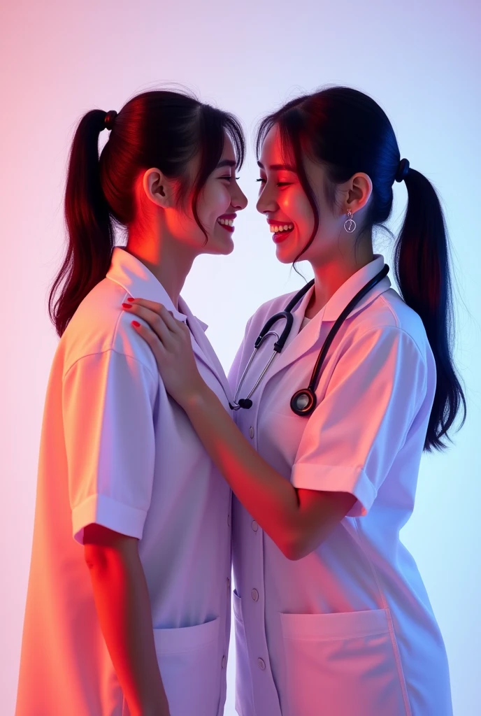 two girls are in timezone photobooth. the one girl is wearing a white medical uniform, with a smiling expression, black hair tied back, on a white background (she is thin). and the other girl is wering the same with the other girl but her body size is slightly large 