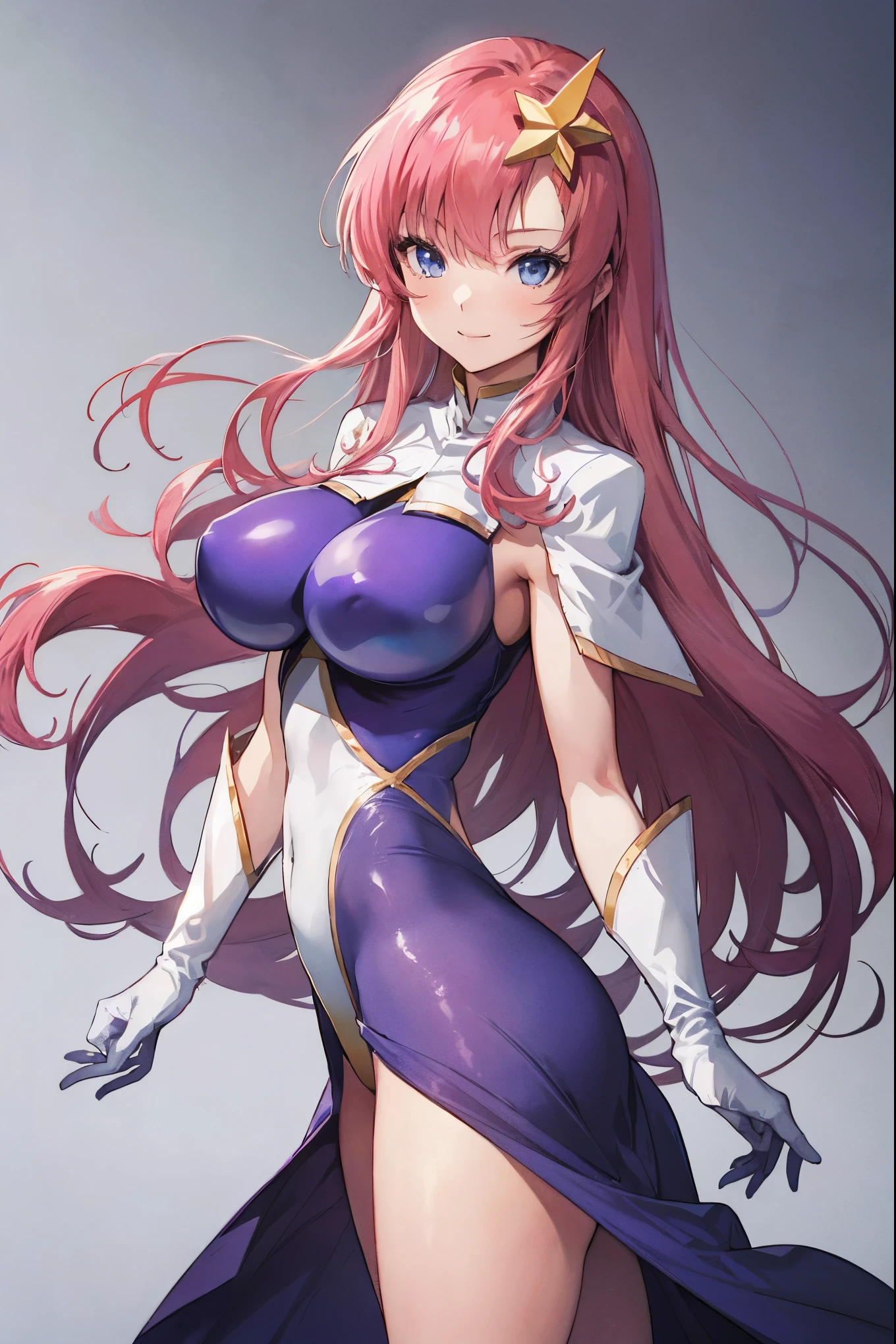 (masterpiece）、（Highest image quality）、（Super detailed）、（extremely detailed）、4K、（8K）、Highest image quality、（beautiful）、
more campbell, 1 _girl, star hair ornaments, hair ornaments, pink hair, long hair, gloves, Leotard Purple leotard, white leotard, leotard that bites、(gigantic_tits:1.2)、thick thighs、,light smile､dynamic pose､gravure､dynamic angle、noise removal､emphasis on crotch､chest enhancement,open_legs