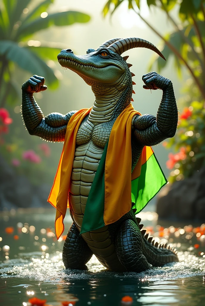 Goat flag on body builder crocodile