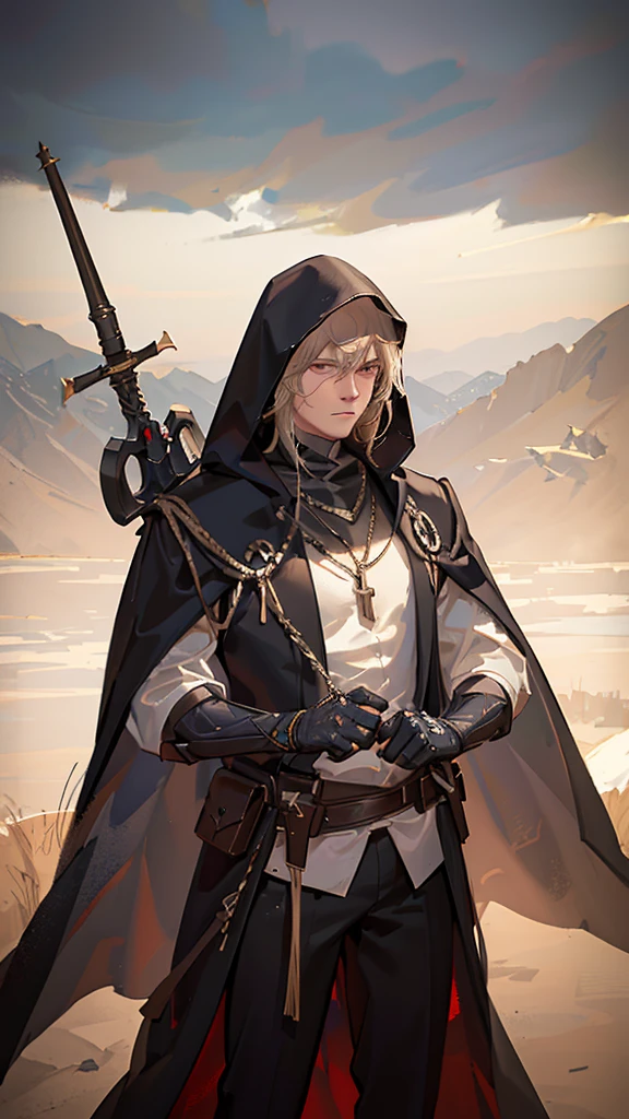 a hooded man, long cloak, short hair, holding a sword, holding a gun, dramatic lighting, cinematic, highly detailed, (best quality,4k,8k,highres,masterpiece:1.2),ultra-detailed,(realistic,photorealistic,photo-realistic:1.37),cinematic lighting, moody atmosphere, dark and gritty, action movie style