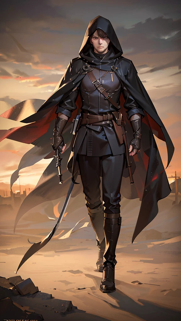 a hooded man, long cloak, short hair, holding a sword, holding a gun, dramatic lighting, cinematic, highly detailed, (best quality,4k,8k,highres,masterpiece:1.2),ultra-detailed,(realistic,photorealistic,photo-realistic:1.37),cinematic lighting, moody atmosphere, dark and gritty, action movie style