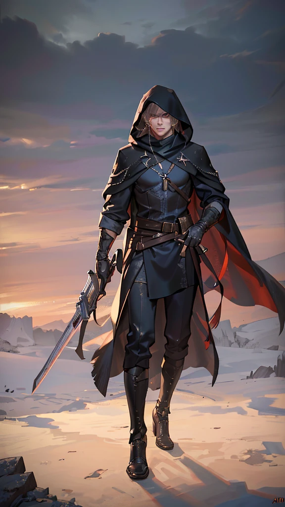 a hooded man, long cloak, short hair, holding a sword, holding a gun, dramatic lighting, cinematic, highly detailed, (best quality,4k,8k,highres,masterpiece:1.2),ultra-detailed,(realistic,photorealistic,photo-realistic:1.37),cinematic lighting, moody atmosphere, dark and gritty, action movie style