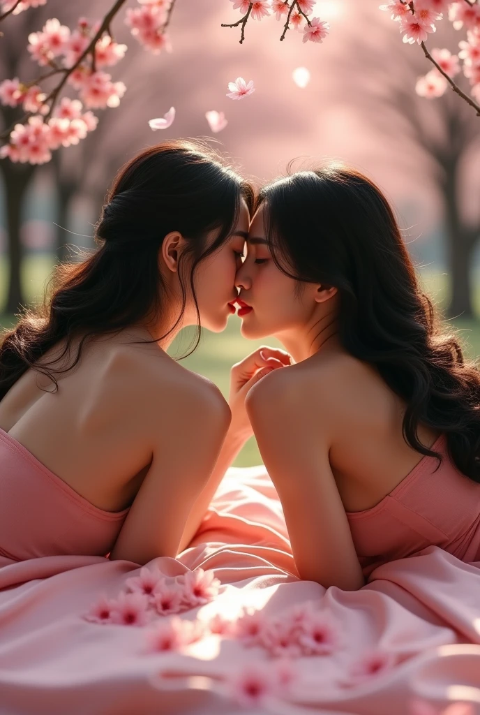 beautiful naked japanese women with big breasts lying on the sheet kissing