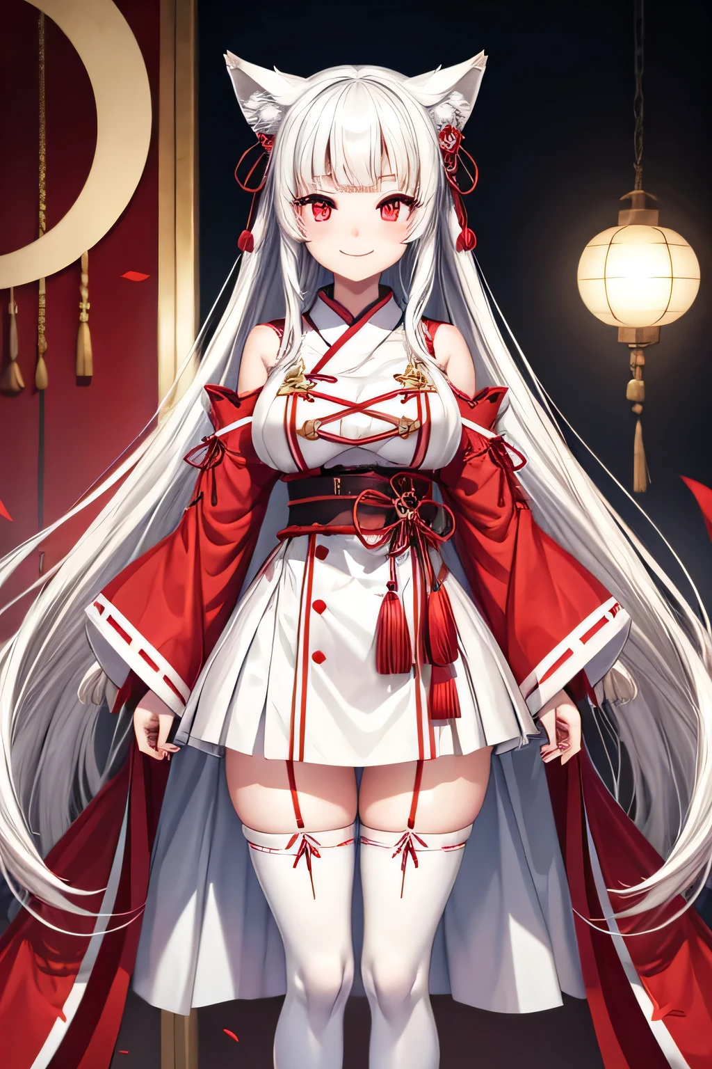 a beautiful girl, white long hair, smiling, wolf ears, red eyes, white and red traditional japanese dress with a sidecut on legs, big boobs, thighs, thighhighs, anime style, a pose, vtuber pose.