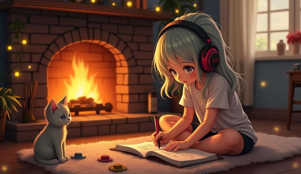 A beautiful young e-girl with princess-like eyes, wearing headphones, is writing in a notebook. The scene is set in a cozy room with a warm, crackling fireplace. A curious kitten is sitting nearby, watching intently as she writes. The image should be of high quality, a work of art, and highly detailed, with a 16:9 aspect ratio