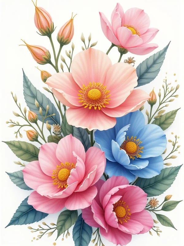 Beautifully intricate floral illustration, vivid pastel colors, soft, masterpiece, white background