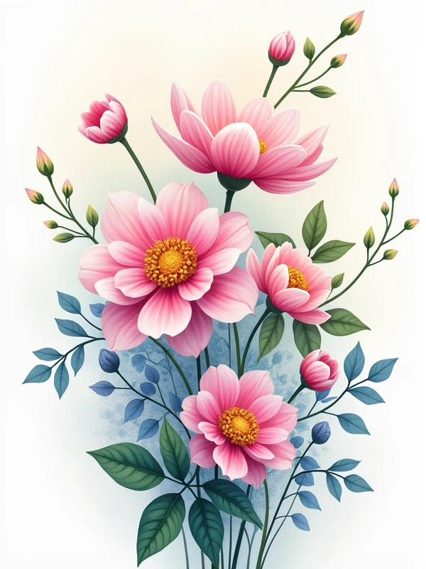 Beautifully intricate floral illustration, vivid pastel colors, soft, masterpiece, white background 