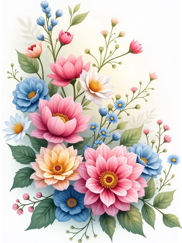 Beautifully intricate floral illustration, vivid pastel colors, soft, masterpiece, white background 