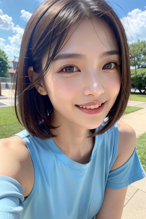 (((Close-up of face)))、(((Absolutely shoulder-length brown straight short bob)))、(((She is posing like a hair salon model with a park with a blue sky in the background.)))、(((She is wearing a casual short-sleeved camisole)))、(Natural laughter:1.25)、Half Japanese, half Korean、18 years old、Standing Alone、Looking forward、Light eye makeup、Brown Hair Color、Flat and small chest、Hair blowing in the wind、Actress Quality、Glossy, ultra-realistic face、Smiling face、Watery eyes、Gazing Up、Subtle lighting effects、 Ultra-Realistic Capture、Very detailed、High resolution 16K close up of human skin。Skin texture must be natural、The details must be such that pores can be clearly seen、The skin is healthy、Uniform tone、Use natural light and colors、A worn-out, high-quality photo taken by a model agency&#39;s in-house photographer.、smile、(((SIGMA 300 mm F/1.4,1/1000 sec shutter,ISO 400)))、The background is F-stop 1..4 is blurred
