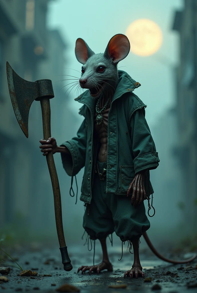 (Ultra detailed), a chilling full-size portrait of a decaying anthro rat, zombie, holding an aged, rusted axe, ((??????-like skin)), ((detailed hands grasping the axe tightly)), ((loose, tattered clothes)), ((dull eyes with a hollow, vacant stare)), ((lean body with prominent bones and rat-like features)), ((backdropped by a desolate, abandoned cityscape under a moonlit, foggy night))., trending on artstation,foxovh, cenematic lighting, detailed background, ((haunting, eerie, menacing aura)), cyberpunk anthro rat male wearing cyberpunk outit in a destroyed city . shallow depth of field, vignette, highly detailed, high budget, bokeh, cinemascope, moody, epic, gorgeous, film grain, grainy, high quality photography, 3 point lighting, flash with softbox, 4k, Canon EOS R3, hdr, smooth, sharp focus, high resolution, award winning photo, 80mm, f2.8, bokeh
