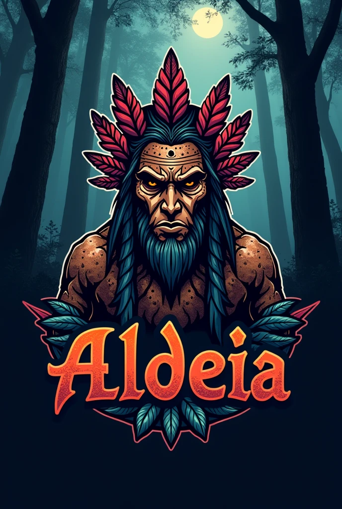 Create a sports logo with the name aldeia, indigenous scary theme