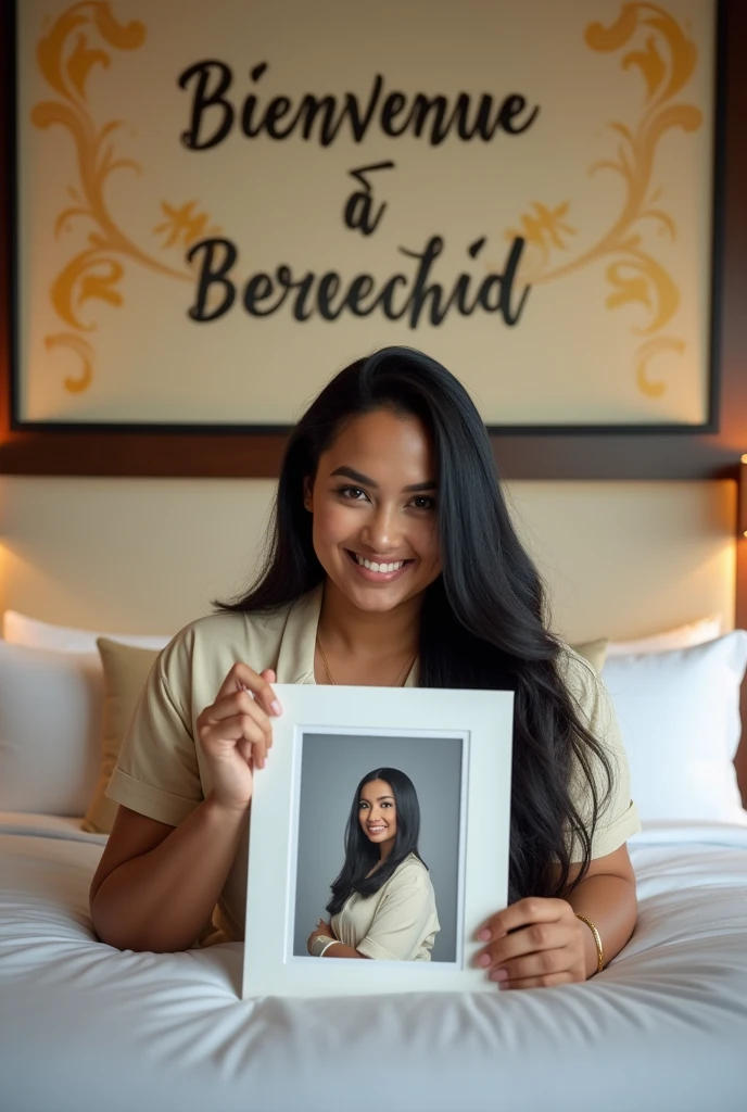 Une femme brune. Les cheveux raides, écartés ou assez écartés du cou, pas longs, de couleurs noirs. Une femme un peu volumineuse par sa forme physique. Assise dans une grande chambre d'hôtel, sur un lit de l'hôtel, souriante, la tête droite, le regard droit fixé vers l'avant, portant dans ses mains une grande photo qu'elle montre bien vers l'avant de sorte que la photo qu'elle montre soit un peu décollée de sa poitrine et derrière elle, accroché sur le mur, un tableau avec 2 écritures sur le tableau. L'une qui dit en langue arabe : Bienvenue à Berrechid et la deuxième en langue française qui dit : Bienvenue à Berrechid.