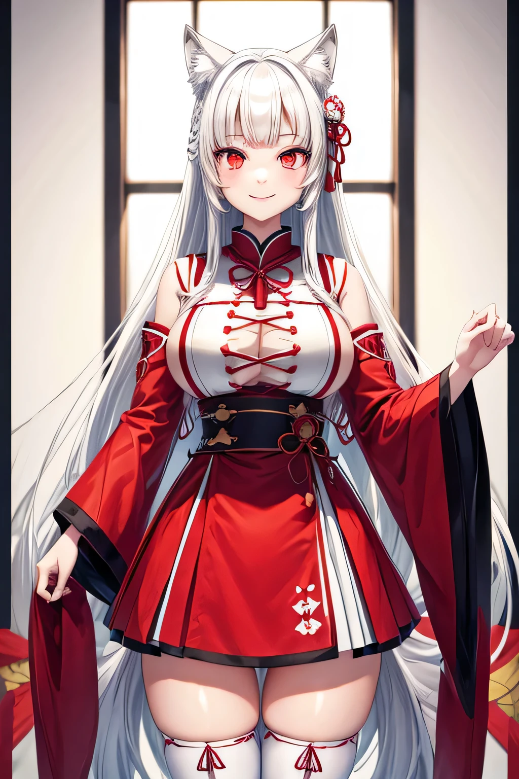 a beautiful girl, white long hair, smiling, wolf ears, red eyes, white and red traditional japanese dress with a sidecut on legs, big boobs, thighs, thighhighs, anime style, a pose, vtuber pose.