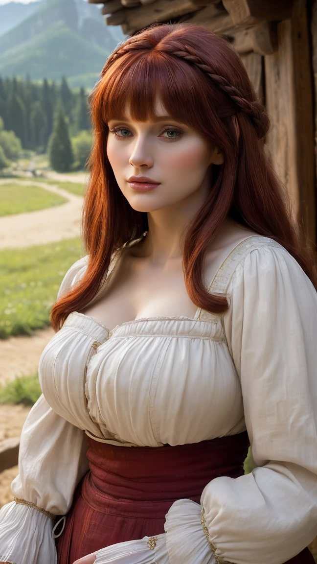 hyper photorealistic, ethereal beauty a cute peasant woman, face identical to Bryce Dallas Howard, small European village, (42 years), youthful, soft contoured, sweet sweet soft smile, (detailed face and eyeull body portrait, (extremely sexy), Masterpiece, pleasure, massive breasts, Full figured woman, full body, expression enjoyment, idyllic aura, medieval environment, cinematic lighting, reddish smooth hair, blunt bangs, fine facial traits, Slim physique, (depth of field), ultra detailed, cinematic