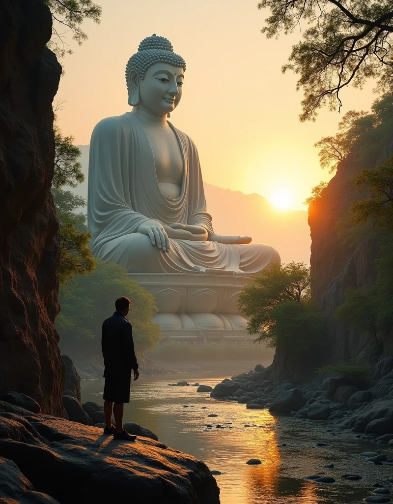 Design a scene of a person and the Leshan Giant Buddha Scenic Area. It can be of any style and artistic conception. There is some connection between the person and the Giant Buddha. The characters should be close up and at any angle, but the perspective light and shadow are reasonable
