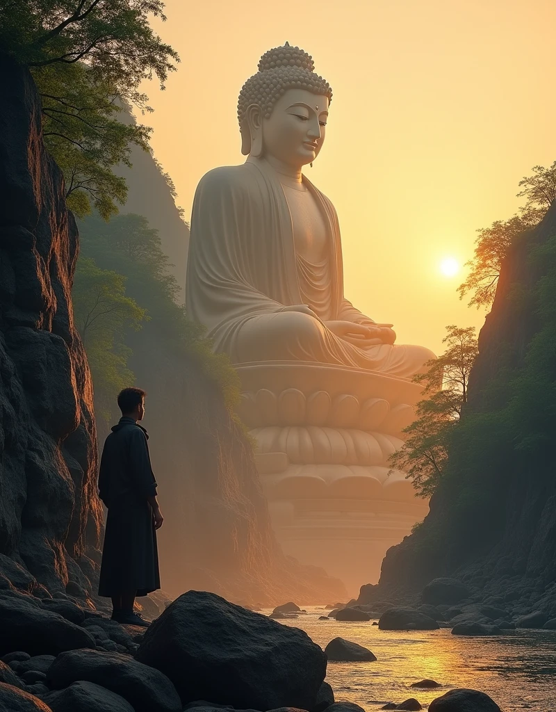 Design a scene of a person and the Leshan Giant Buddha Scenic Area. It can be of any style and artistic conception. There is some connection between the person and the Giant Buddha. The characters should be close up and at any angle, but the perspective light and shadow are reasonable