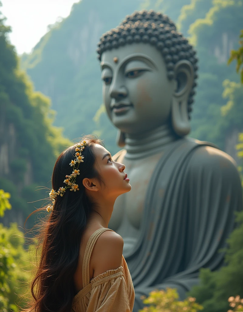 Design a scene of a person and the Leshan Giant Buddha Scenic Area. It can be of any style and artistic conception. There is some connection between the person and the Giant Buddha. The characters should be close up and at any angle, but the perspective light and shadow are reasonable