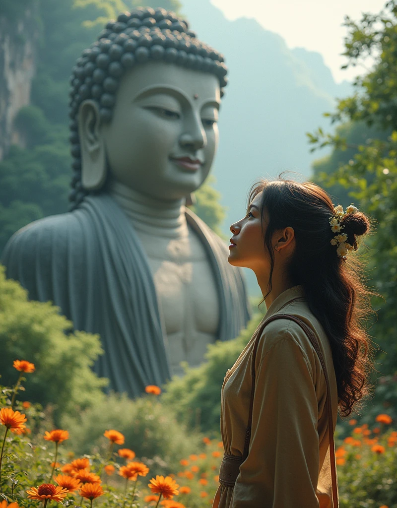 Design a scene of a person and the Leshan Giant Buddha Scenic Area. It can be of any style and artistic conception. There is some connection between the person and the Giant Buddha. The characters should be close up and at any angle, but the perspective light and shadow are reasonable