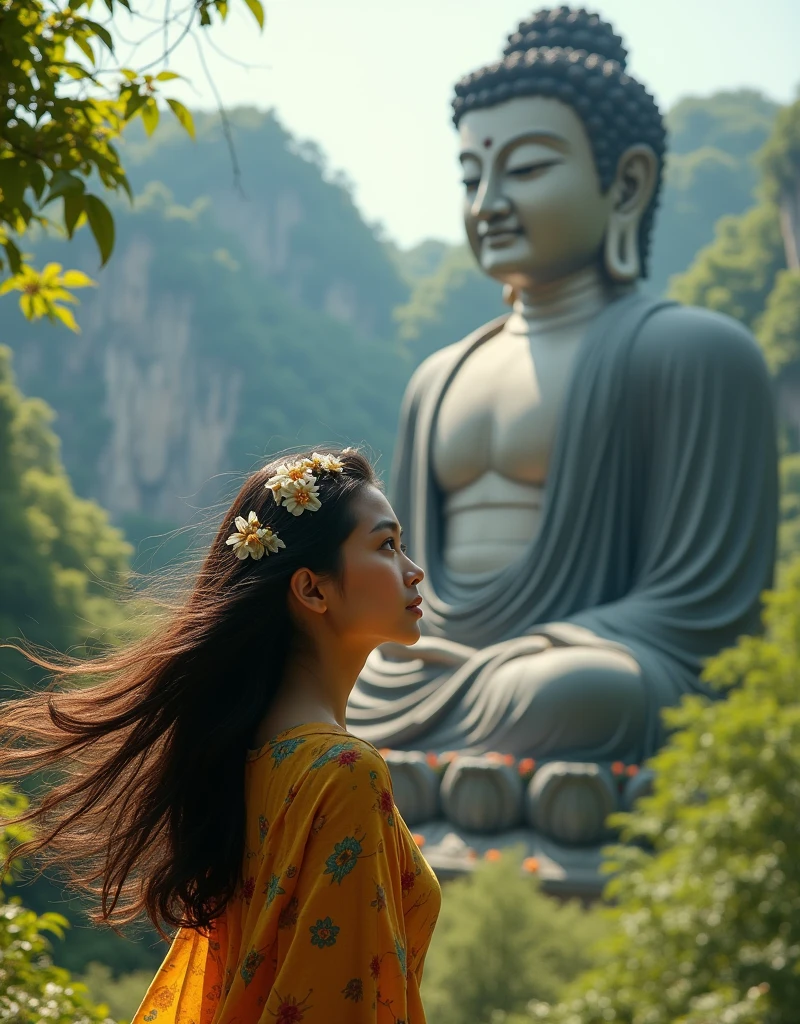 Design a scene of a person and the Leshan Giant Buddha Scenic Area. It can be of any style and artistic conception. There is some connection between the person and the Giant Buddha. The characters should be close up and at any angle, but the perspective light and shadow are reasonable