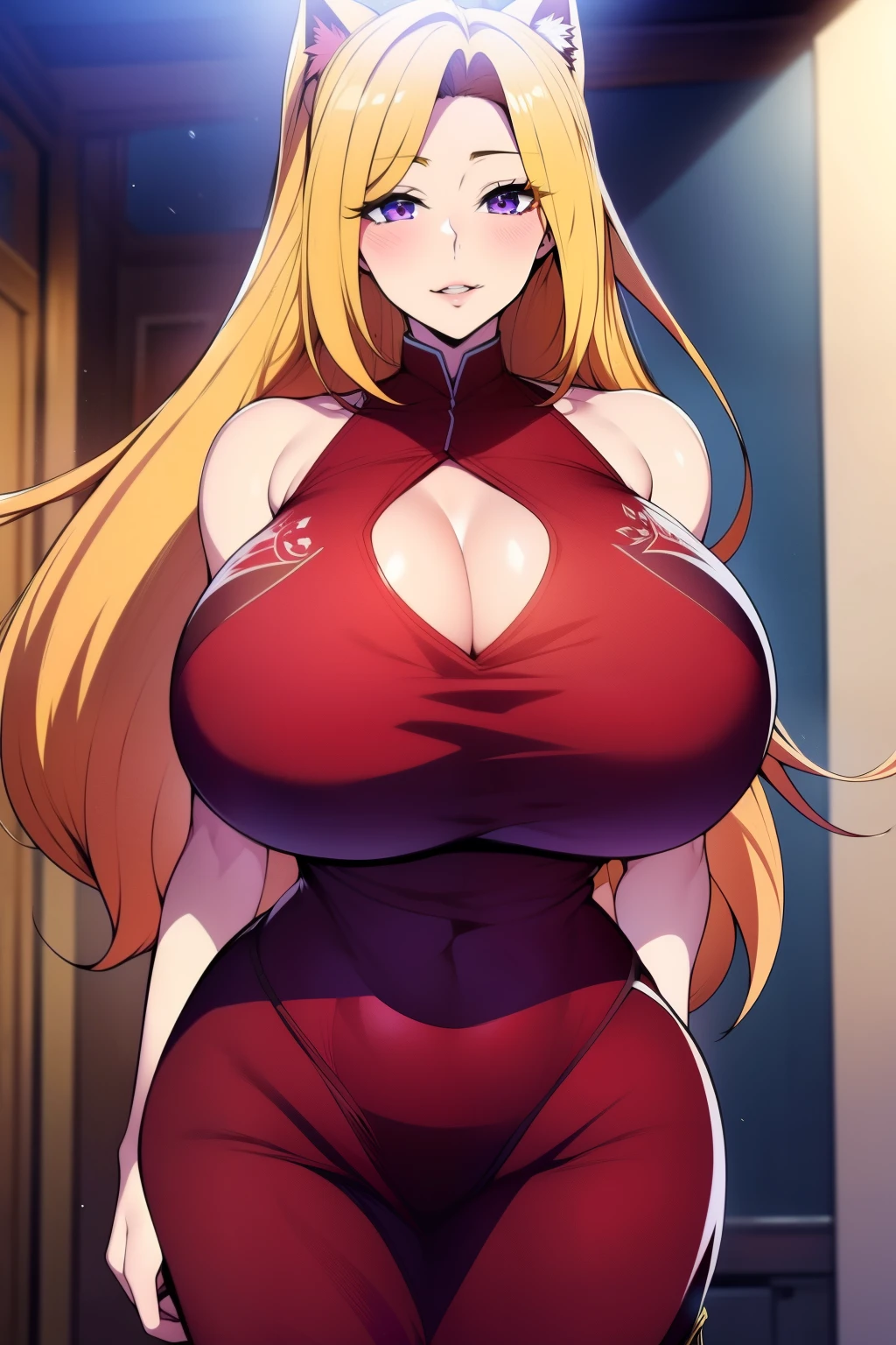 An anime-style artwork depicting Kousaka Shizuru from the game Honkai star rail.

Tags: Kousaka Shizuru, anime, detailed eyes, detailed lips, ass, bare shoulders, (blonde hair:1.4), (chinese dress:1.1), cleavage, long hair,  solo, huge breasts,  (violet eyes:1.1),, smiling expression, intense gaze, dynamic pose, indoor, palace, vibrant colors, digital art, high-resolution, professional quality, gigantic breasts, curvy, cowboy shot, (gigantic breasts: 1.4),, fox ears