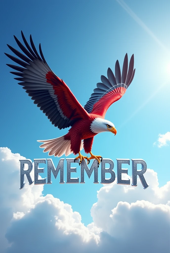 of an eagle colored like the Tunisian flag, He holds the name "REMEMBER" at his feet in a clear and beautiful three-dimensional font, soaring high, high definition, intricate details, high quality images, real