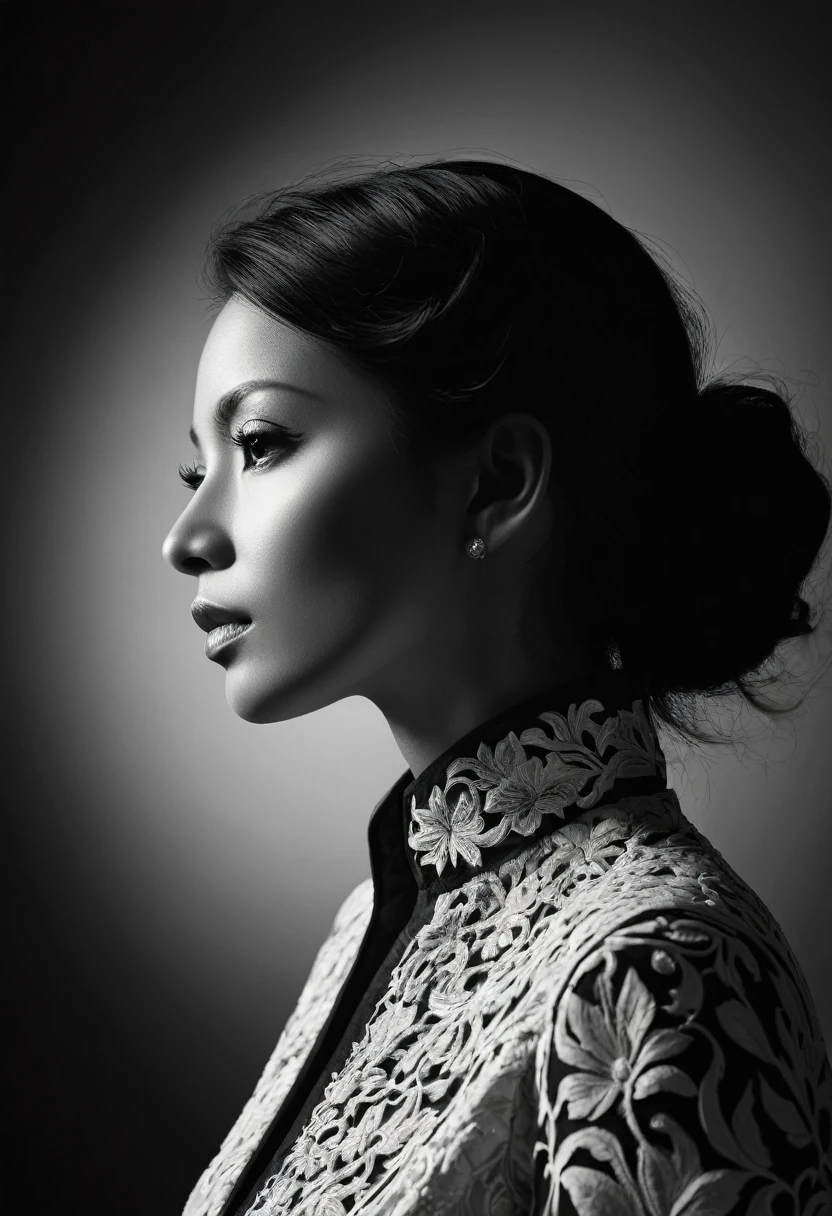 black and white, woman, Shadow Symphony, sharp focus, studio photo, intricate details, highly detailed,
