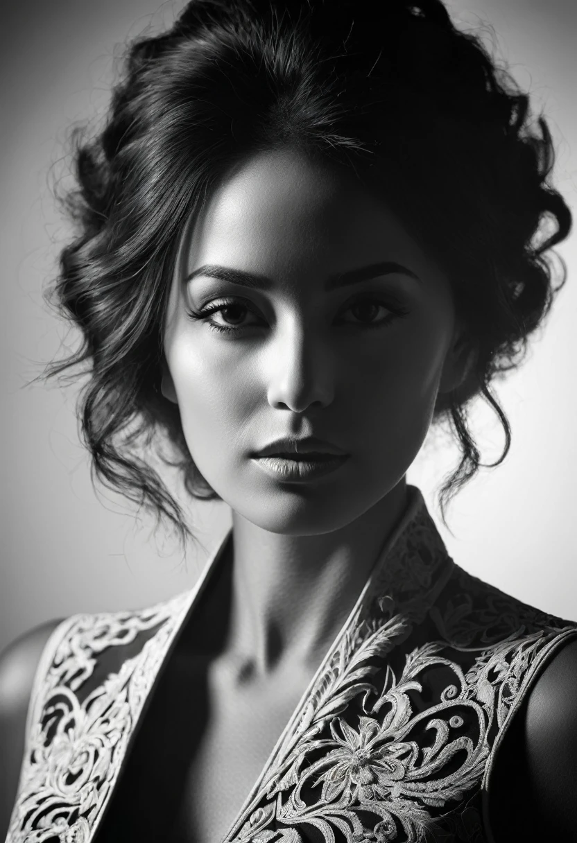 black and white, woman, Shadow Symphony, sharp focus, studio photo, intricate details, highly detailed,