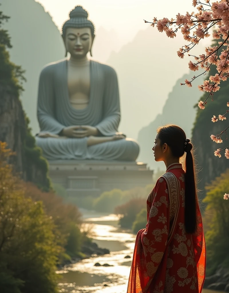 Design a scene of a person and the Leshan Giant Buddha Scenic Area. It can be of any style and artistic conception. There is some connection between the person and the Giant Buddha. The person is better to be a close-up, front or side, but the perspective light and shadow are reasonable