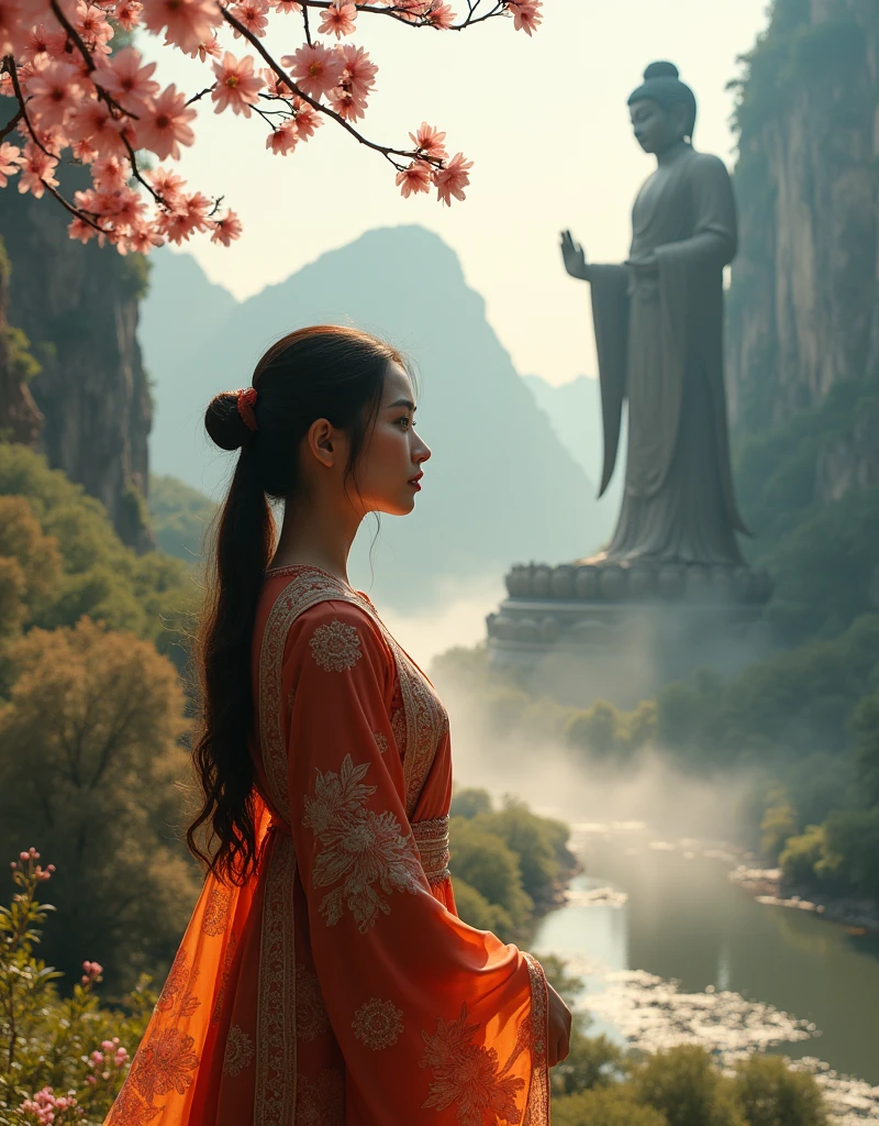 Design a scene of a person and the Leshan Giant Buddha Scenic Area. It can be of any style and artistic conception. There is some connection between the person and the Giant Buddha. The person is better to be a close-up, front or side, but the perspective light and shadow are reasonable