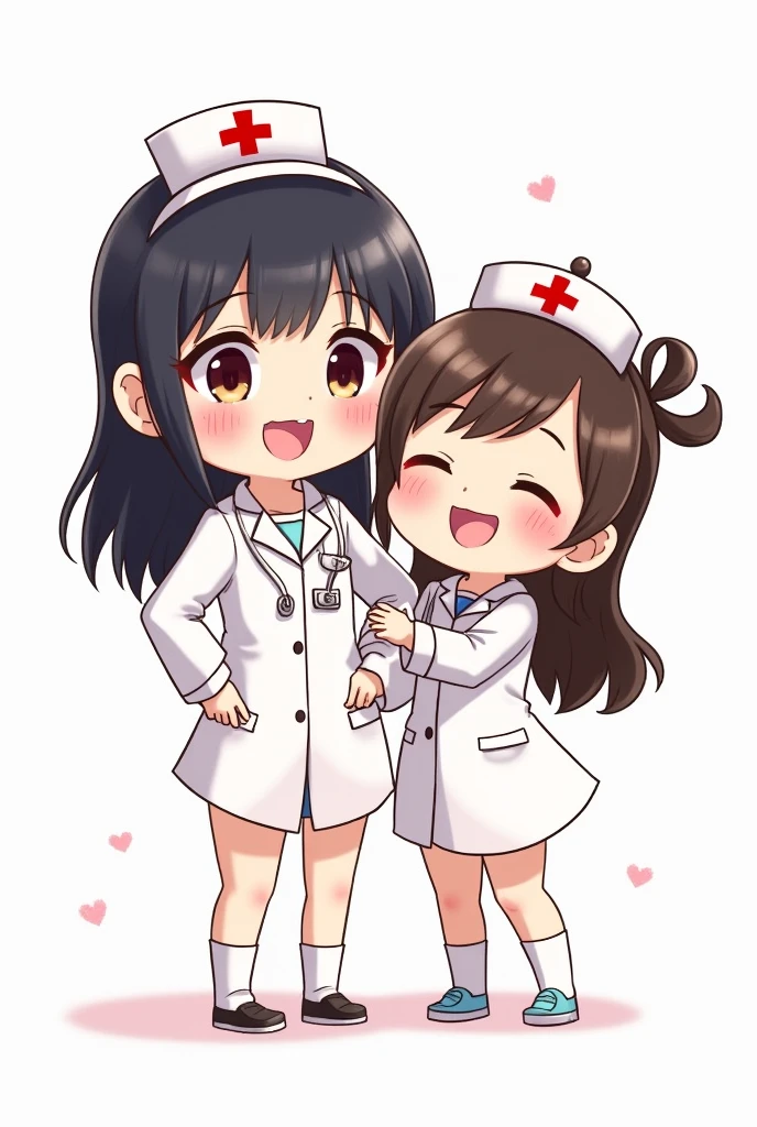 two girls are in timezone photobooth. the one girl is wearing a white medical uniform, with a smiling expression, black hair tied back, on a white background (she is thin). and the other girl is wering the same with the other girl but her body size is slightly large. i want the photo is chibi art caricature