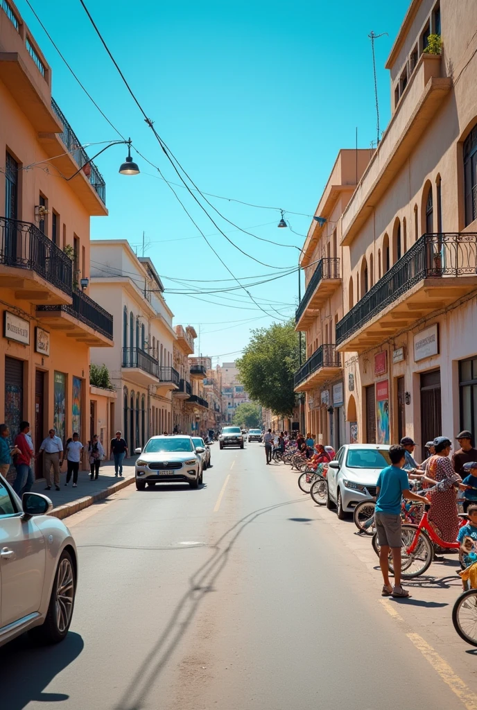 A city looking like italian,cities,like roma (asmara,eritrea) with broad roads and walking people,Kids playing around in the streets,and some bicycles along with the modern cars like in 2030
Show wide range image