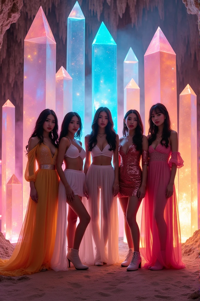 I'm taking photos for a new concept album. Create a concept photo of a girl group posing next to giant crystals
