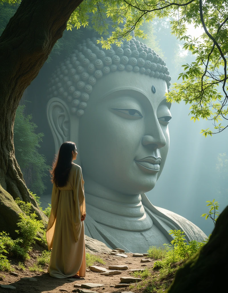 Design a scene of a person and the Leshan Giant Buddha Scenic Area. It can be of any style and artistic conception. There is some connection between the person and the Giant Buddha. The person is better to be a close-up, front or side, but the perspective light and shadow are reasonable