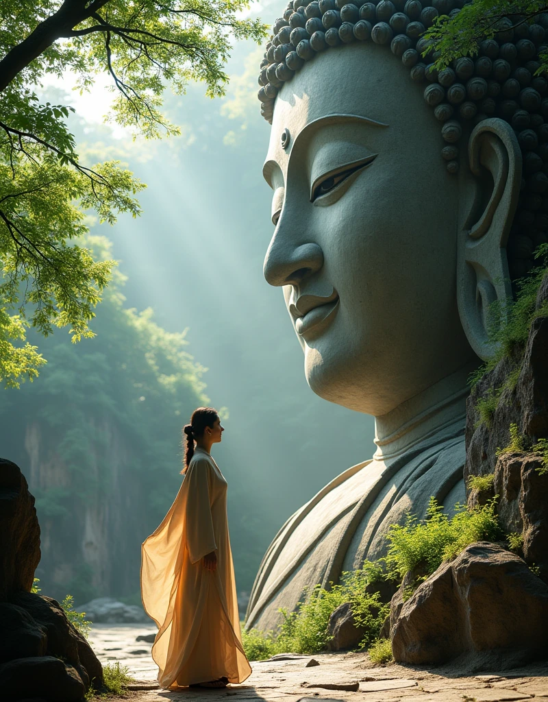 Design a scene of a person and the Leshan Giant Buddha Scenic Area. It can be of any style and artistic conception. There is some connection between the person and the Giant Buddha. The person is better to be a close-up, front or side, but the perspective light and shadow are reasonable