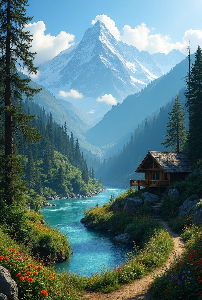 "A breathtaking natural scene filled with thrilling beauty. In the backdrop, the towering peaks of the Himalayas stretch into a bright blue sky, where misty clouds gently drape over the mountain tops. Below, a serene river flows, its clear blue waters reflecting the deep green of the surrounding forest, adding a mystical charm. A narrow path winds through the dense forest, leading to a small wooden cottage at the edge. Scattered among the lush greenery, vibrant wildflowers bloom, bringing the environment to life. The golden sunlight enhances the natural beauty, making the entire scene glow. Every corner of the image speaks of nature's unparalleled aesthetic beauty, symbolizing a tranquil yet thrilling experience."