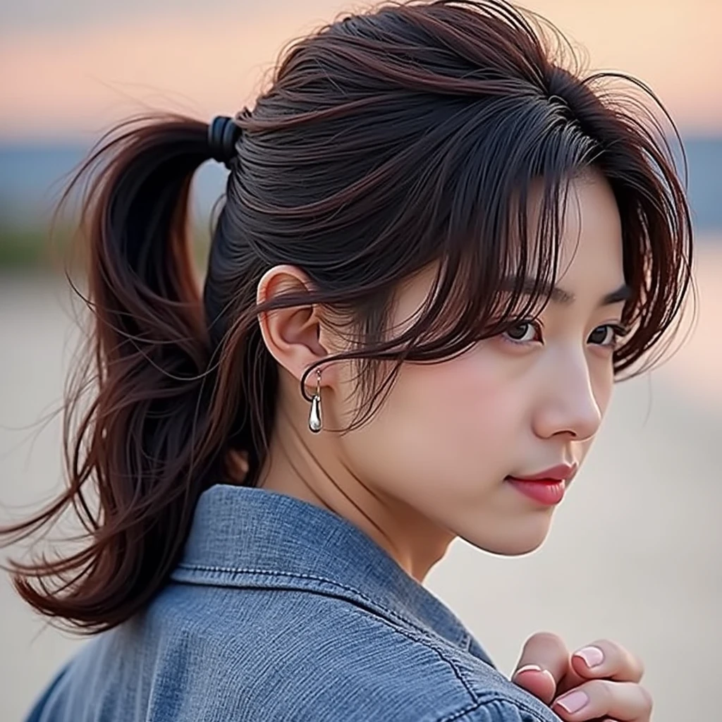a korean man with shoulder length hair tied up and leaving bangs, holding hands with a young woman, warm beach setup at wonderful night, shot with dimmed light using 150mm lens, perfect ratio photo, masterpiece, hyperrealistic, 8k, ultra-detailed, cinematic lighting, dramatic lighting, vibrant colors, romantic, serene, soft focus, shallow depth of field