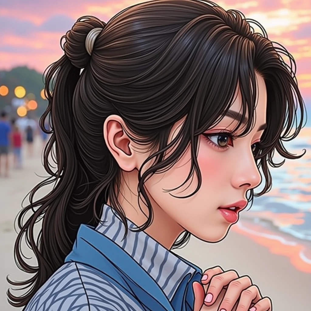 a korean man with shoulder length hair tied up and leaving bangs, holding hands with a young woman, warm beach setup at wonderful night, shot with dimmed light using 150mm lens, perfect ratio photo, masterpiece, hyperrealistic, 8k, ultra-detailed, cinematic lighting, dramatic lighting, vibrant colors, romantic, serene, soft focus, shallow depth of field