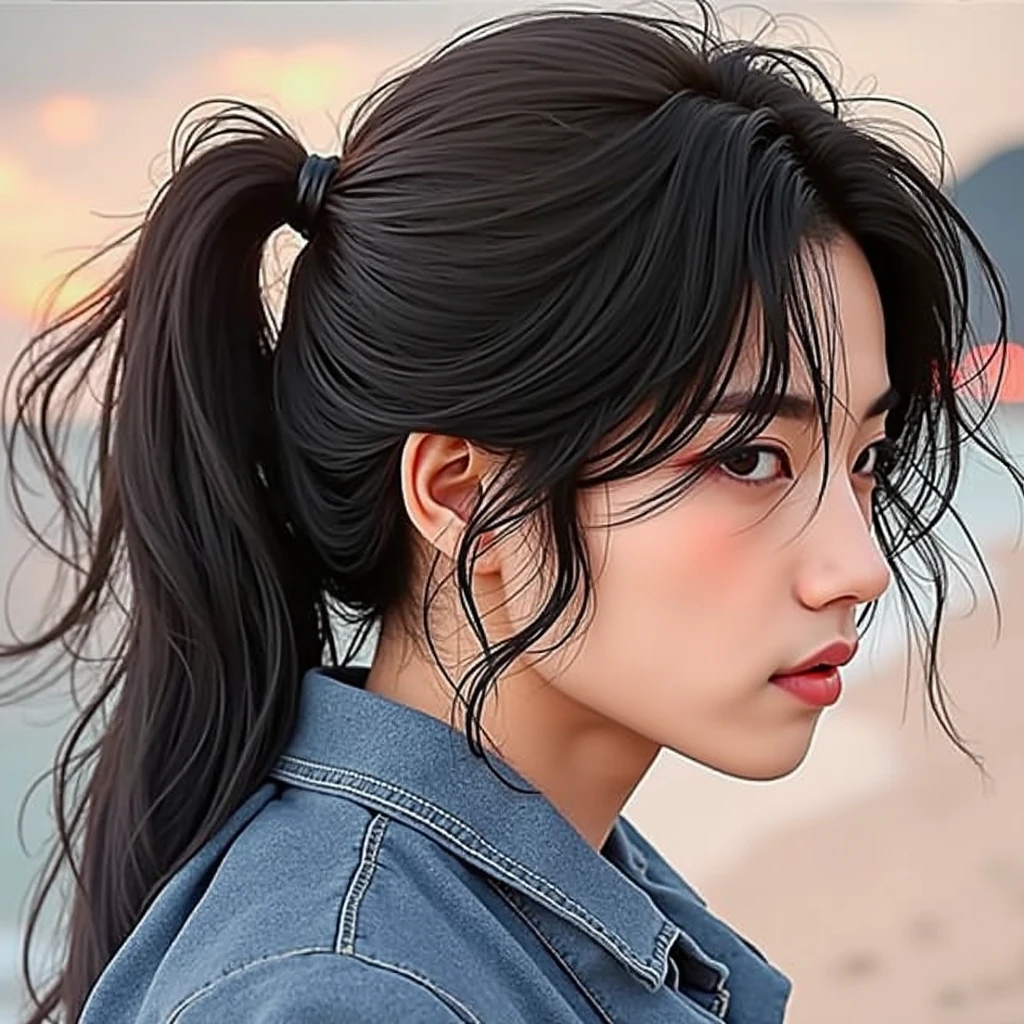 a korean man with shoulder length hair tied up and leaving bangs, holding hands with a young woman, warm beach setup at wonderful night, shot with dimmed light using 150mm lens, perfect ratio photo, masterpiece, hyperrealistic, 8k, ultra-detailed, cinematic lighting, dramatic lighting, vibrant colors, romantic, serene, soft focus, shallow depth of field